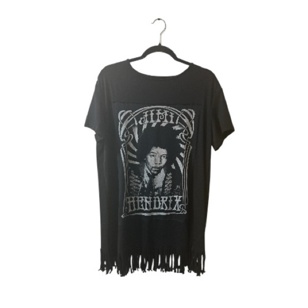 Upcycled Black Jimi Hendrix Graphic Fringe oversized t shirt 23X33